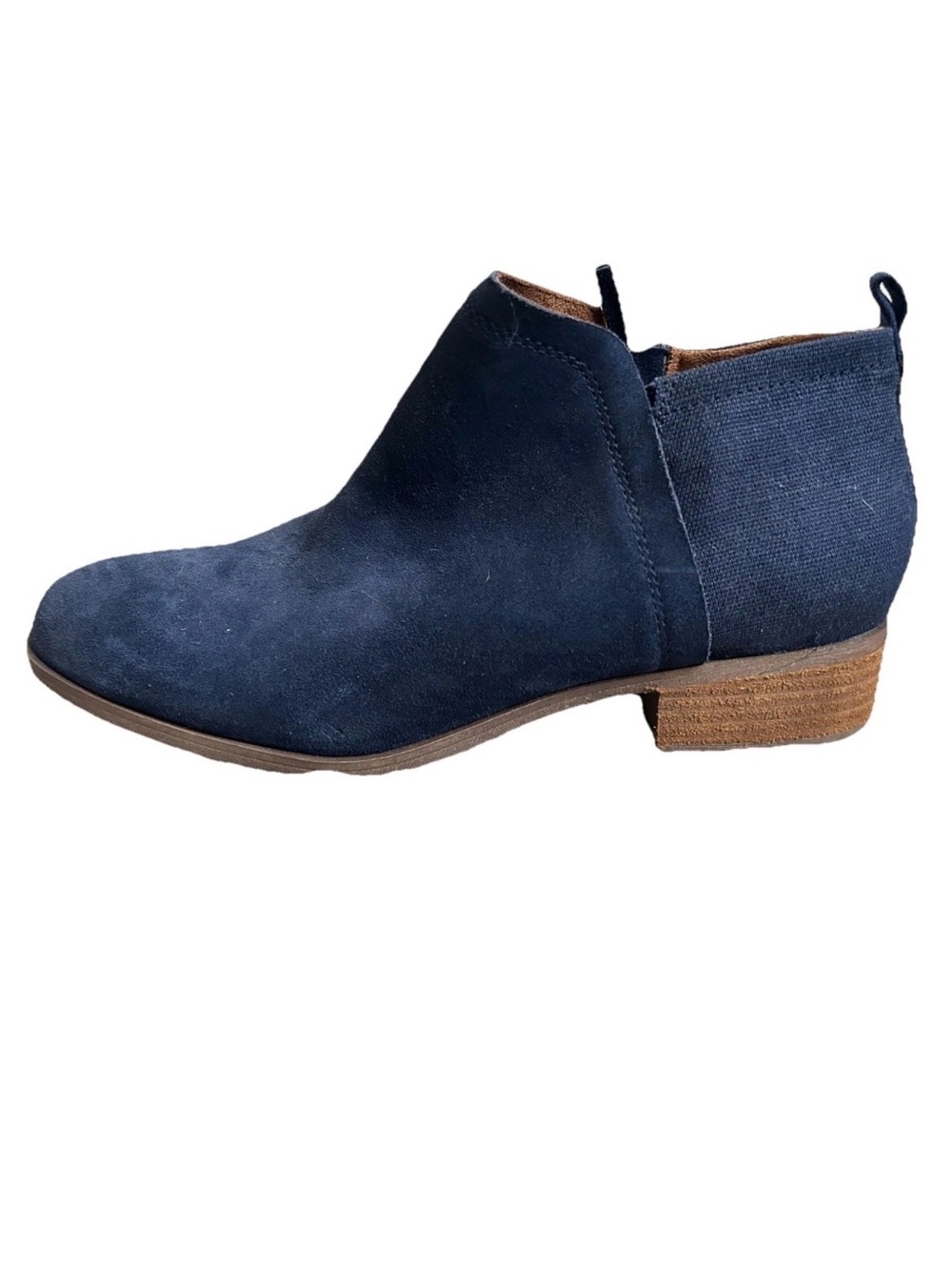 TOMS Navy Suede Ankle Booties W12 Side Zip Low Heel Casual Chic